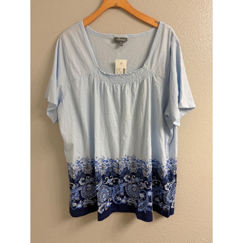 Essentials Womens 2X Light Blue Paisley Border Print Smocked Square Neck Top NWT